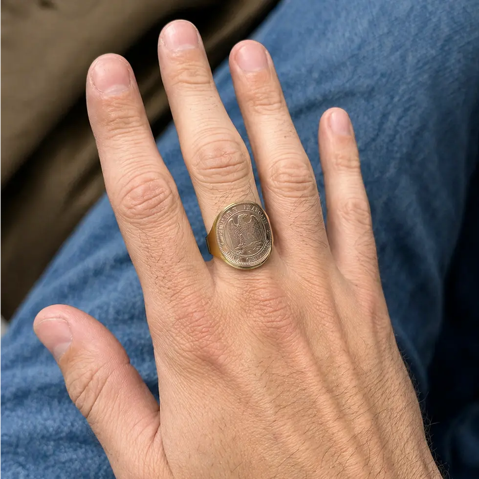 bague pièce de monnaie 2 centimes Napoléon III en laiton chevalière artisanale