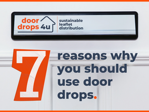 A white front door featuring a letterbox with 7 reasons why you should use door drops text over the top