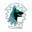 ONELEASH CANINE logo with blue and black dog in middle of gears