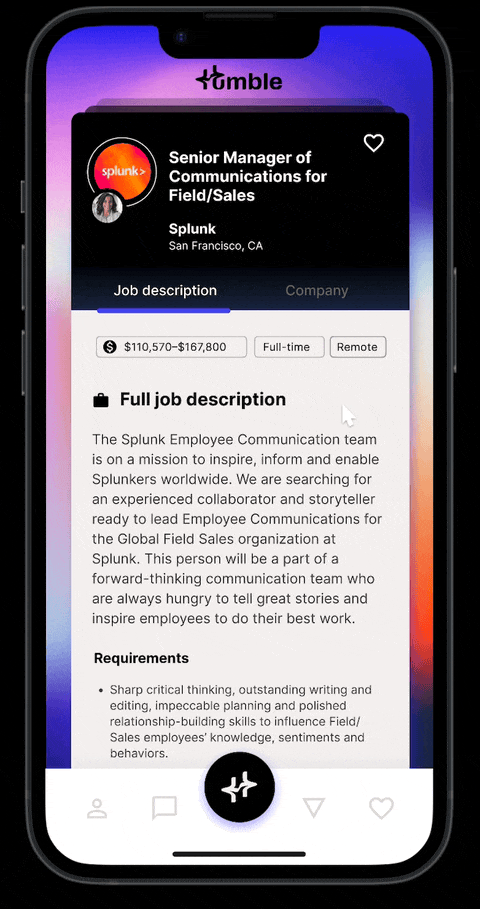 Animation highlighting Humble's swipe feature as user scrolls through listings, liking and disliking different jobs
