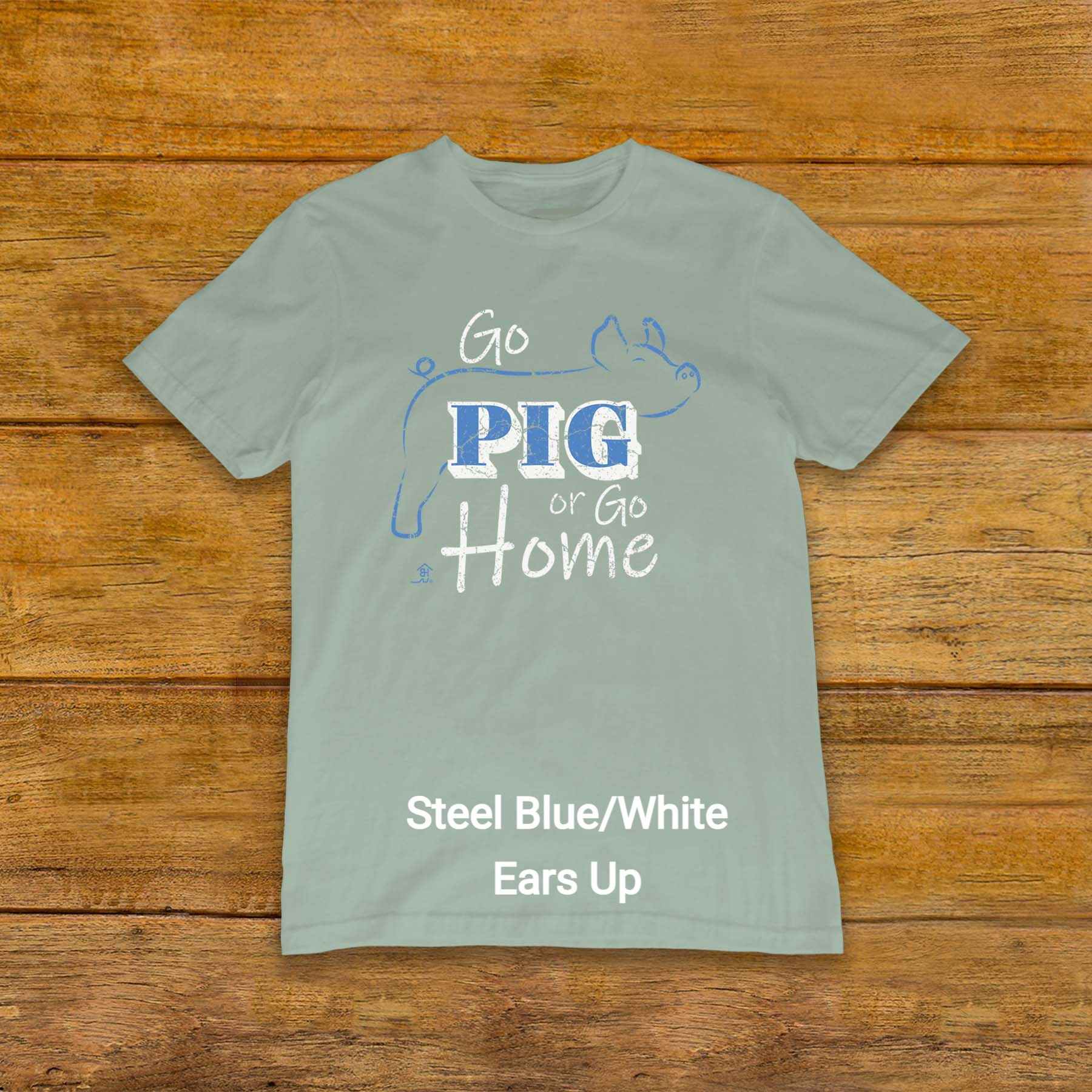 T-Shirt with erect ear Livestock Show Pig | Steel Blue Graphic | Dusty Blue | Original Design by Boot House Mercantile