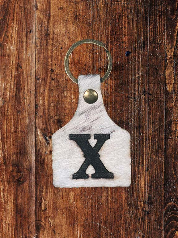 Thumbnail: Branded Hair on the Hide Leather Ear Tag Key Ring - Letter X