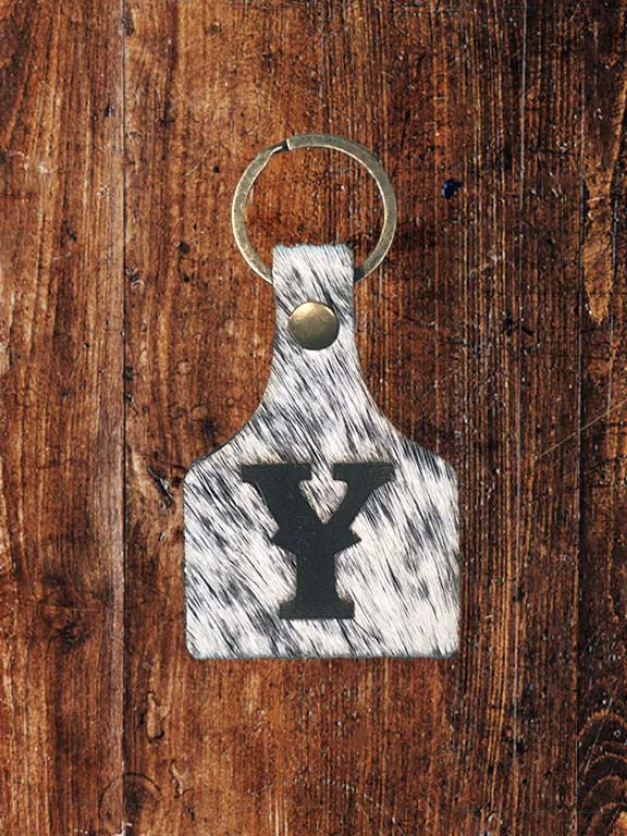 Thumbnail: Branded Hair on the Hide Leather Ear Tag Key Ring - Letter Y