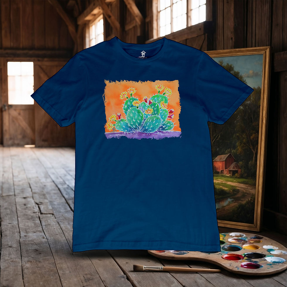 Thumbnail: Western Art watercolor of prickly pear cactus full of blooms and fruit | "Orange Cactus" | Cool Blue Bella Canvas T-Shirt