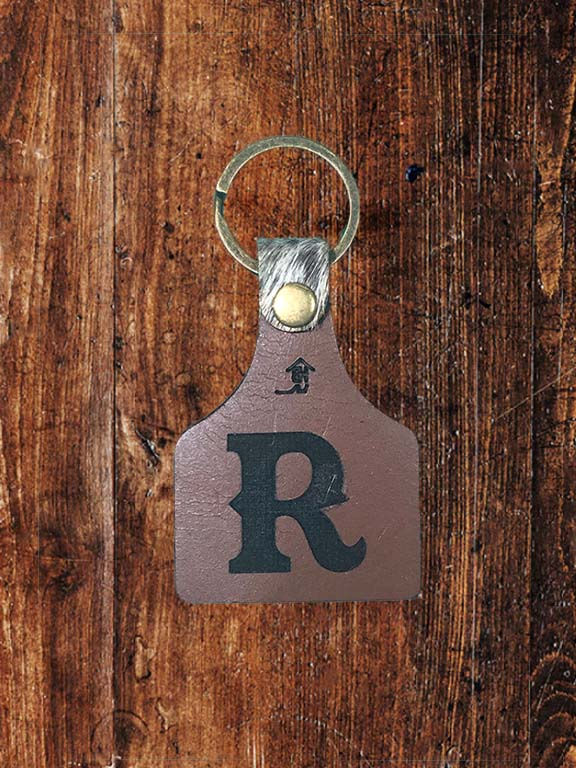 Thumbnail: Branded Hair on the Hide Leather Ear Tag Key Ring - Letter R – Side 2