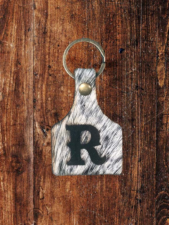 Thumbnail: Branded Hair on the Hide Leather Ear Tag Key Ring - Letter R