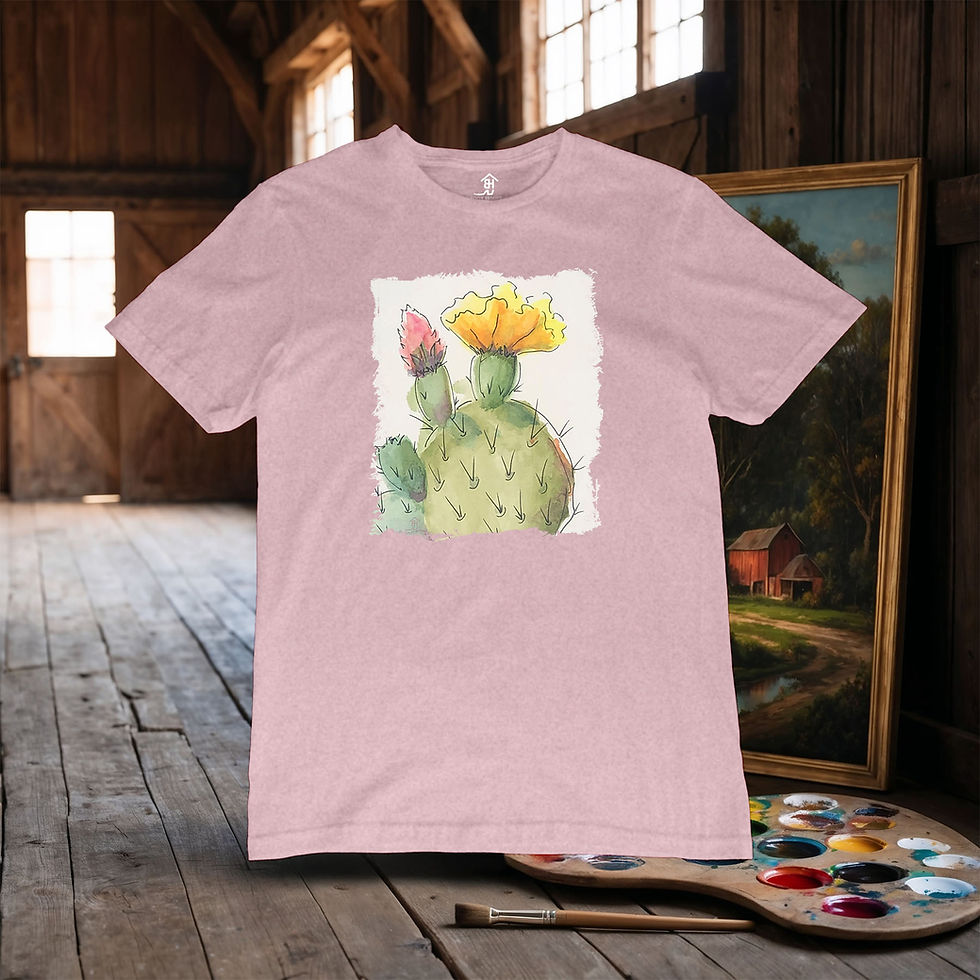 Thumbnail: Original Western Art watercolor painting of a Prickly Pear Cactus titled "Bloomin' Pear" | Heather Pink Bella Canvas T-Shirt