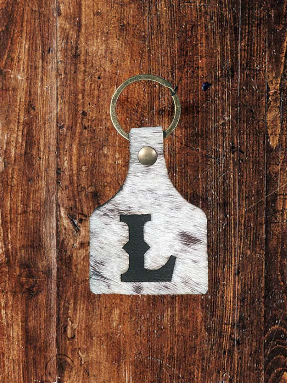 Thumbnail: Branded Hair on the Hide Leather Ear Tag Key Ring - Letter L