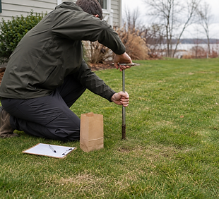 Turf specialist collecting a soil sample from a residential lawn