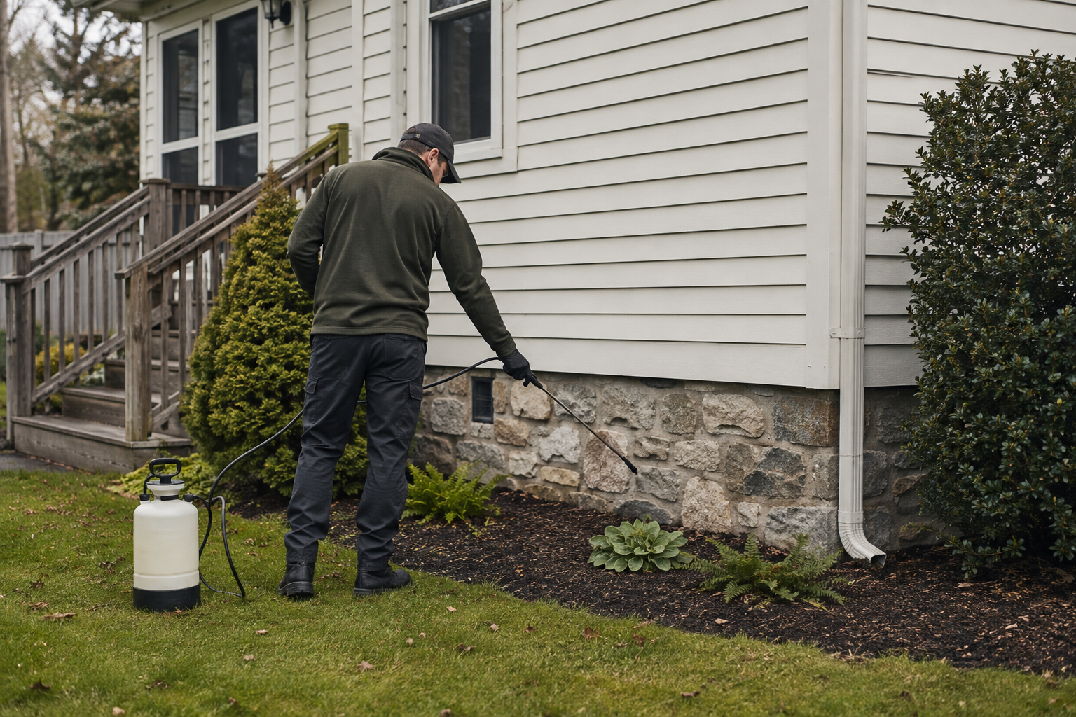 Pest control technician treating the exterior foundation of a home
