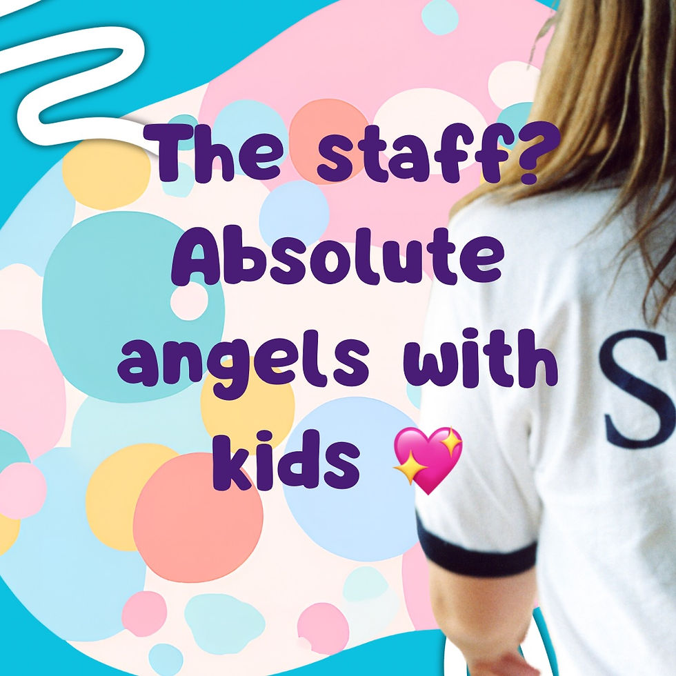 A person in a white shirt stands before a colorful, abstract background. Text reads "The staff? Absolute angels with kids" and includes a heart emoji.