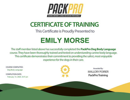 Pack Pro Certificate for Dog Body Language awarded to Emily Morse