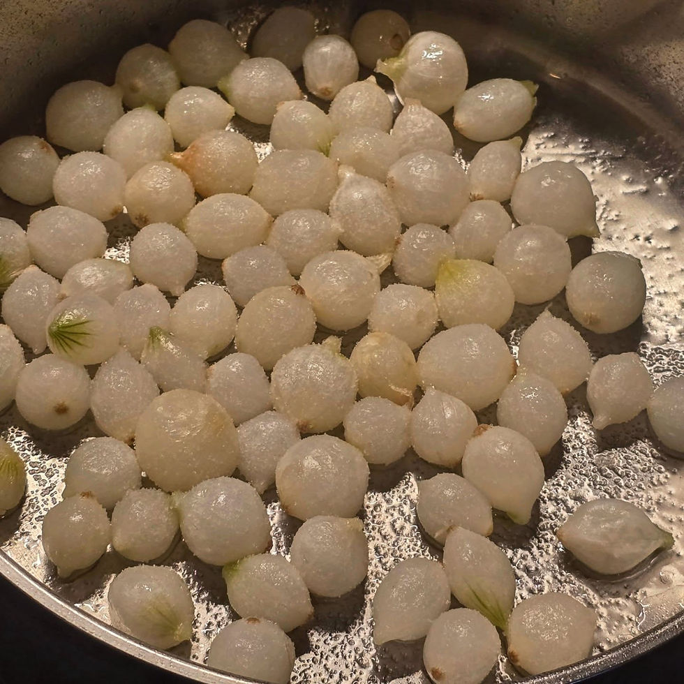 a stainless steel pan filled with white pearl onions
