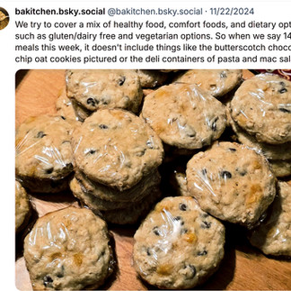 A screenshot of a Bluesky post from Boarding Axe Kitchen that shows food prepared for distribution. In this image individually wrapped butterscotch chocolate chip cookies
