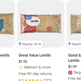 screenshot of lentil prices online at 03/09/2026 showing just under $2.00 for a one pound bag 