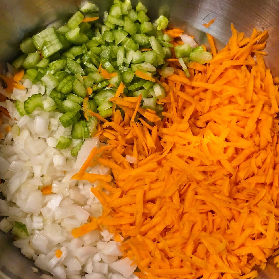 A stainless steel pan filled with diced onions, sliced celery, and shredded carrots