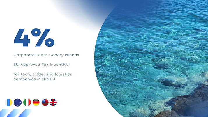 4% corporate tax graphic with a beach background representing the Canary Islands ZEC regime