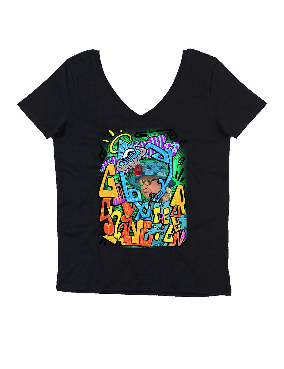 Thumbnail: "GOD SHAVE THE QUEEN" on woman V neck t-shirt