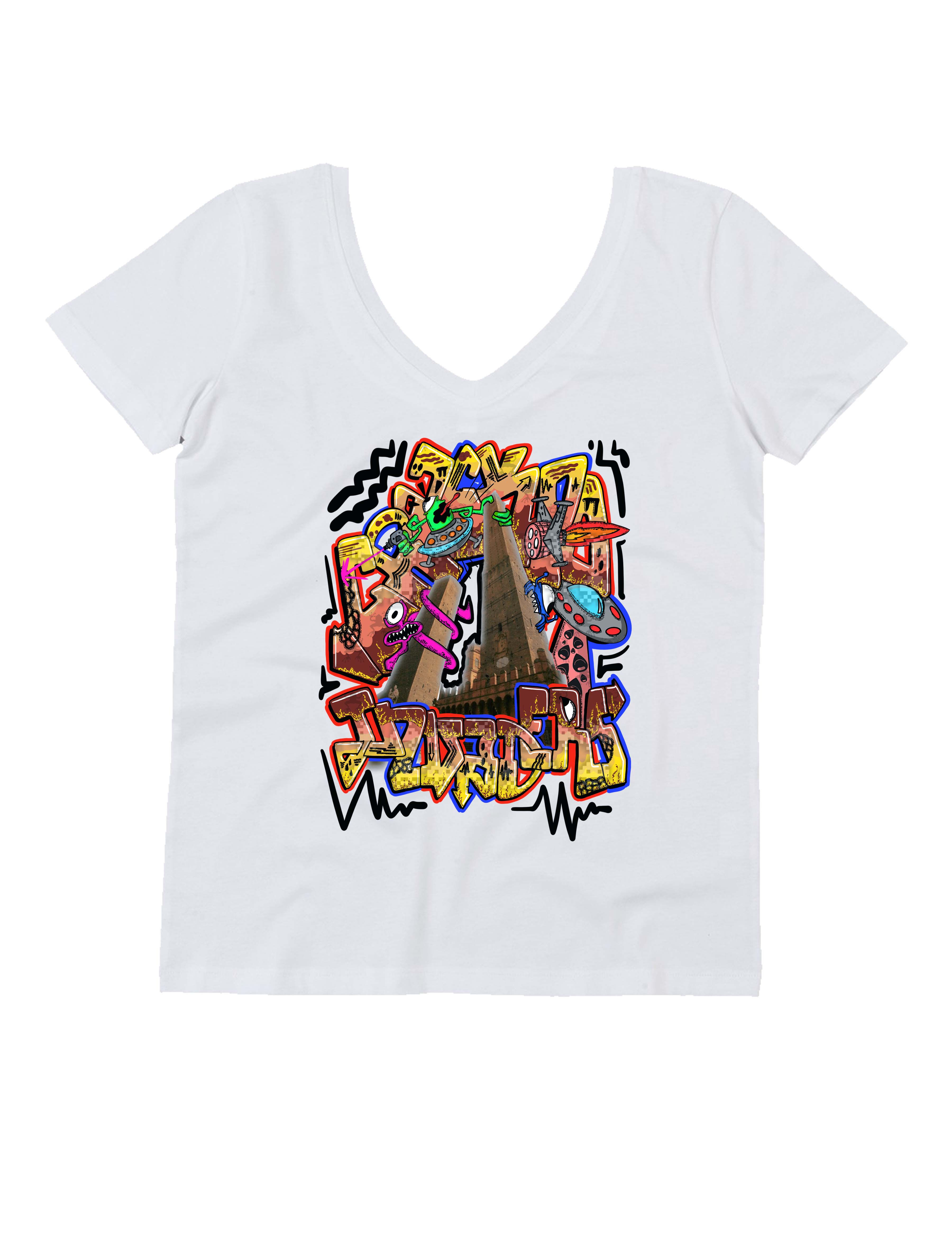 "CRACKPOT INVADERS" on woman V neck t-shirt
