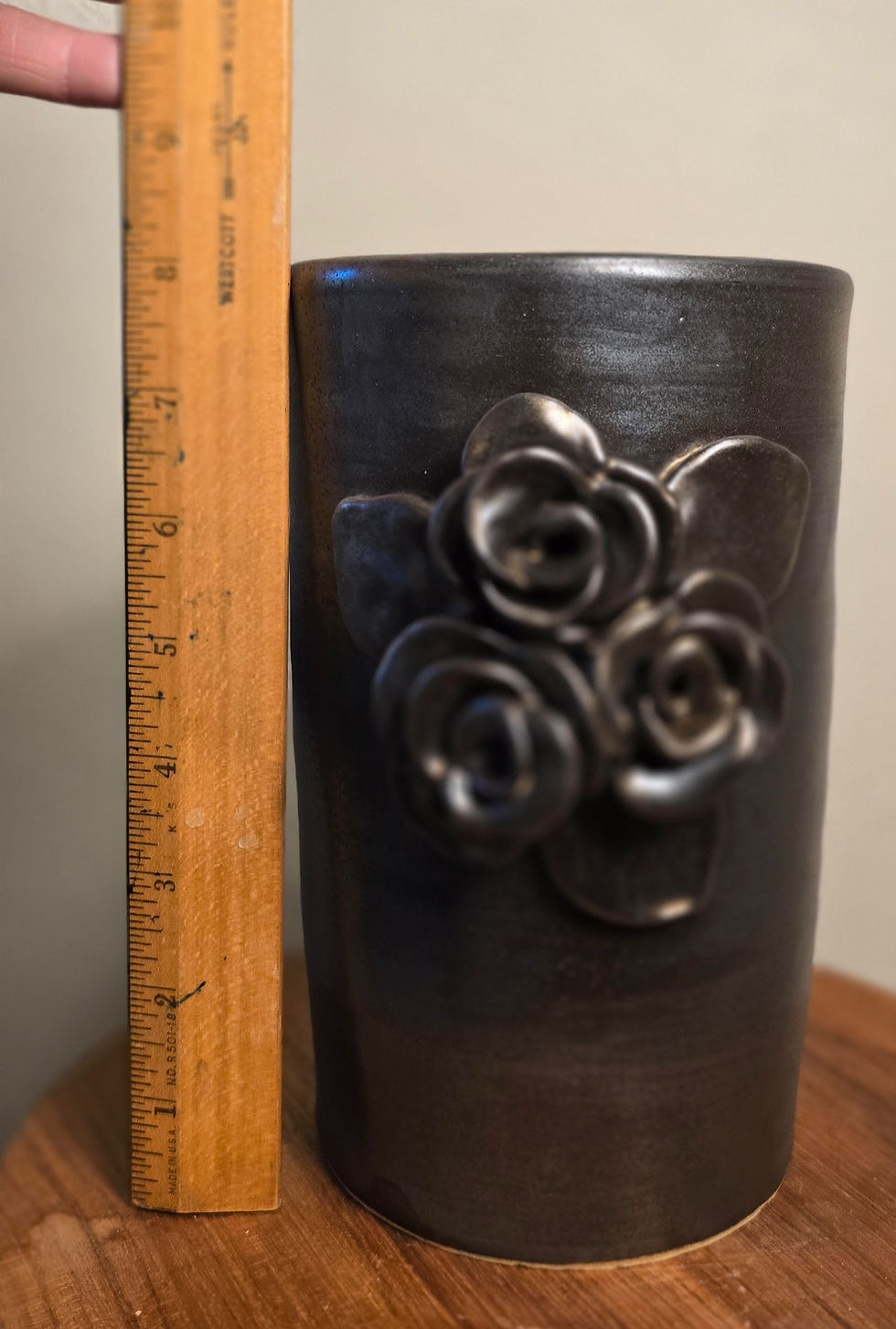 Thumbnail: This phot shoes the height of the saturted gold vase being 8" in height.