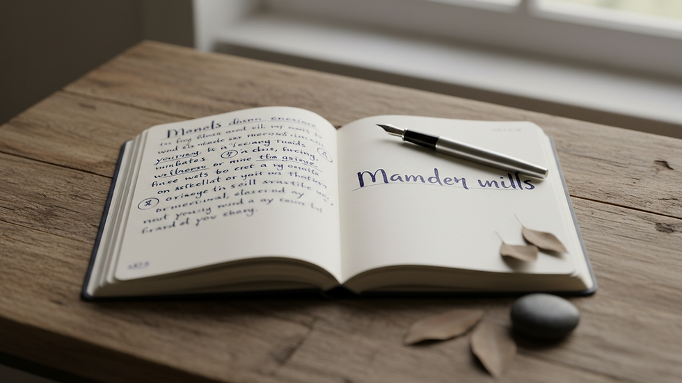 Close-up view of an open journal with handwritten notes and a pen