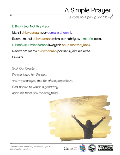 A Simple Prayer learning page: Southern Michif phrases with English translations.
