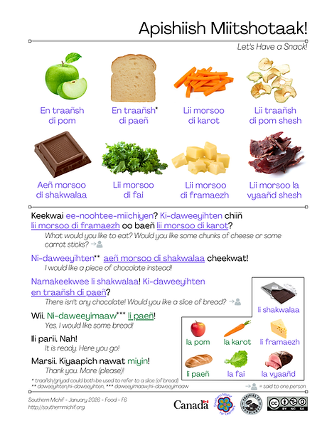 Let’s Have a Snack! learning page: Southern Michif phrases with English translations.