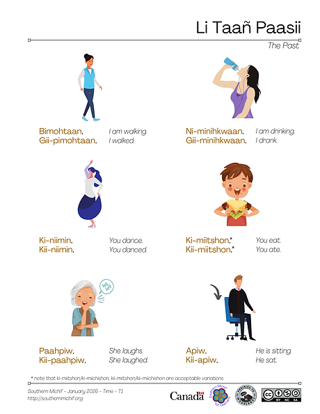 The Past learning page: Southern Michif phrases with English translations.