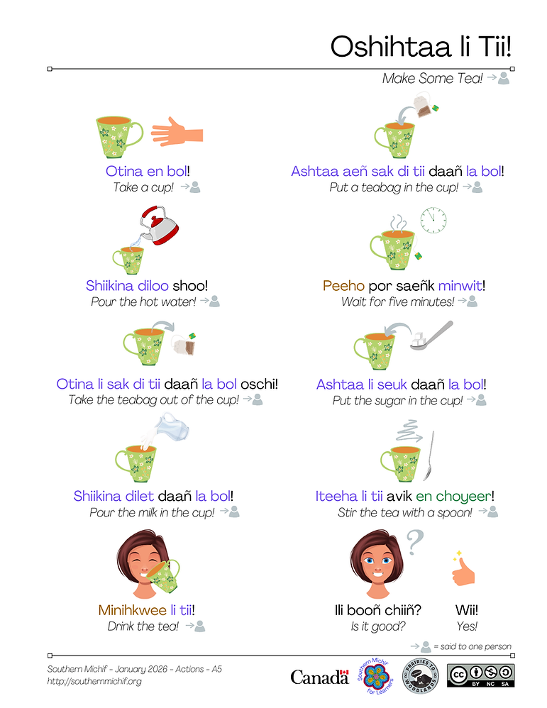 Make Some Tea! learning page: Southern Michif phrases with English translations.