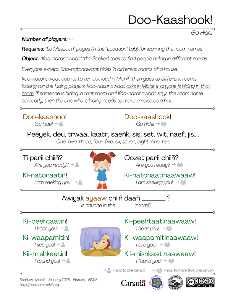 Hide and Seek learning page: Southern Michif phrases with English translations.