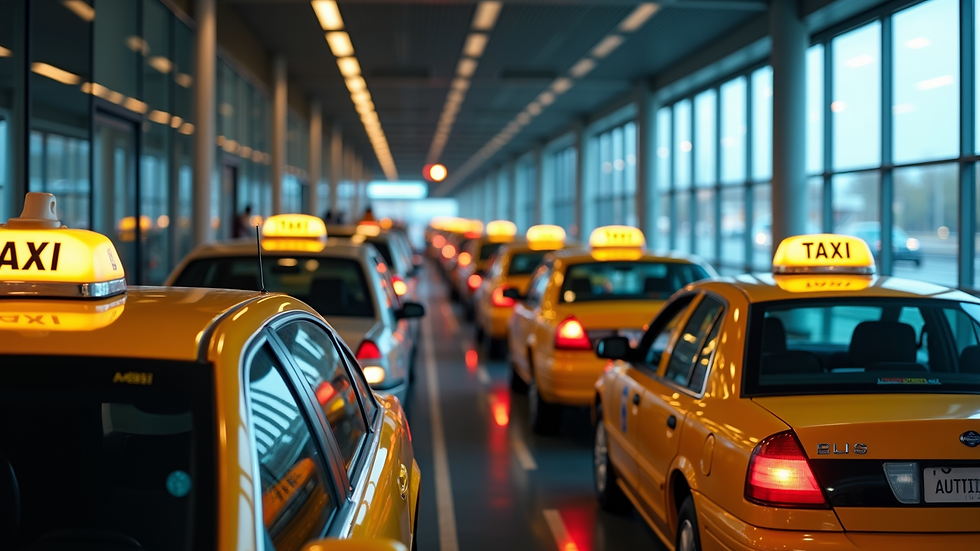 High angle view of a taxi queue outside a busy airport terminal