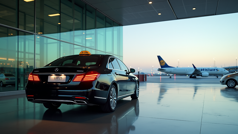 Eye-level view of a sleek black taxi parked outside a modern airport terminal