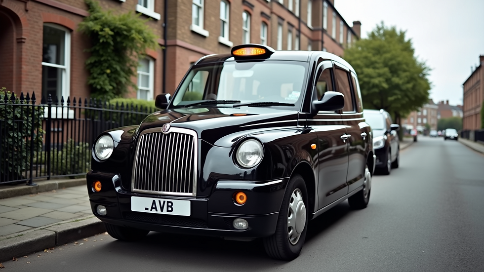 Wide angle view of a luxury taxi vehicle parked on a quiet street in Lymington
