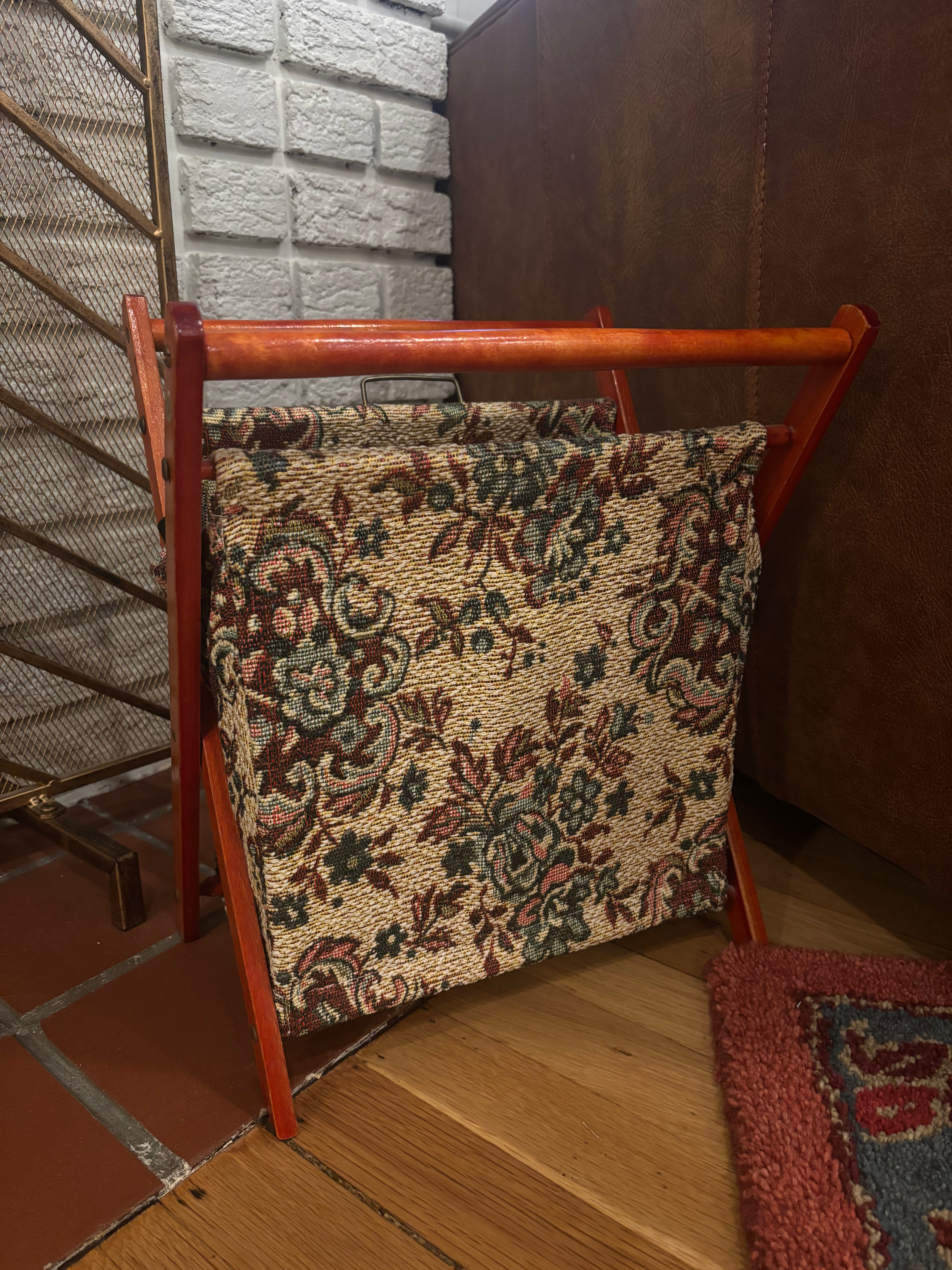 Knitting Stand, Wood and Tapestry for Storage