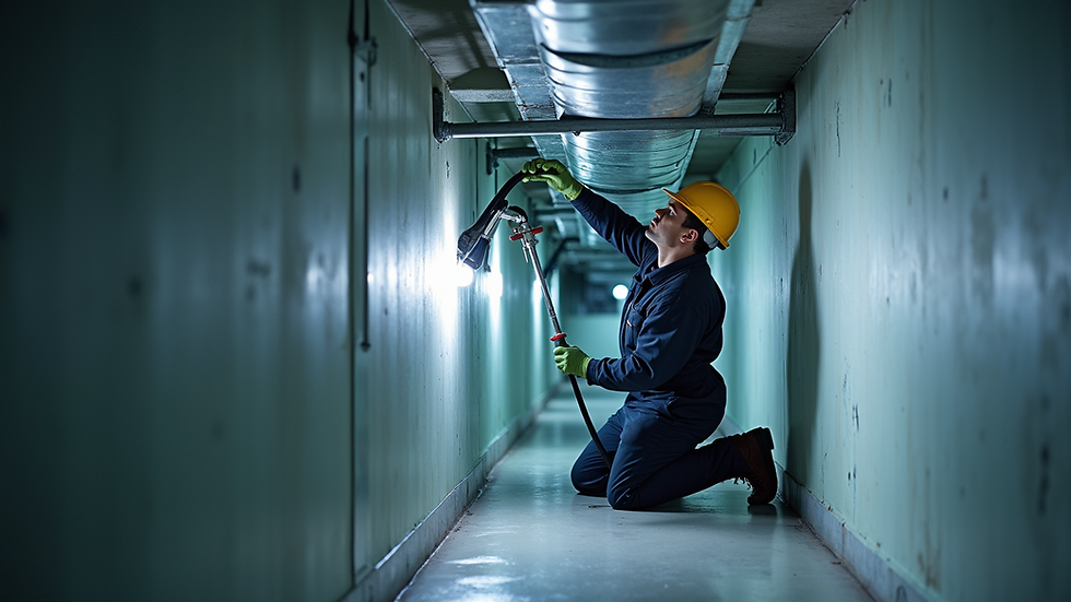 Eye-level view of a technician cleaning air ducts with specialized equipment