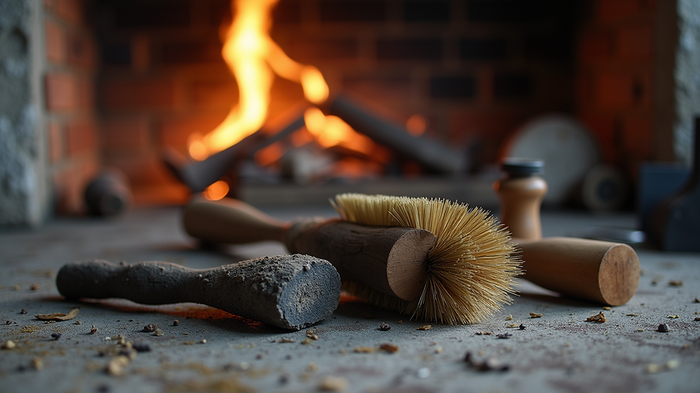 Close-up view of chimney tools and brushes used for cleaning
