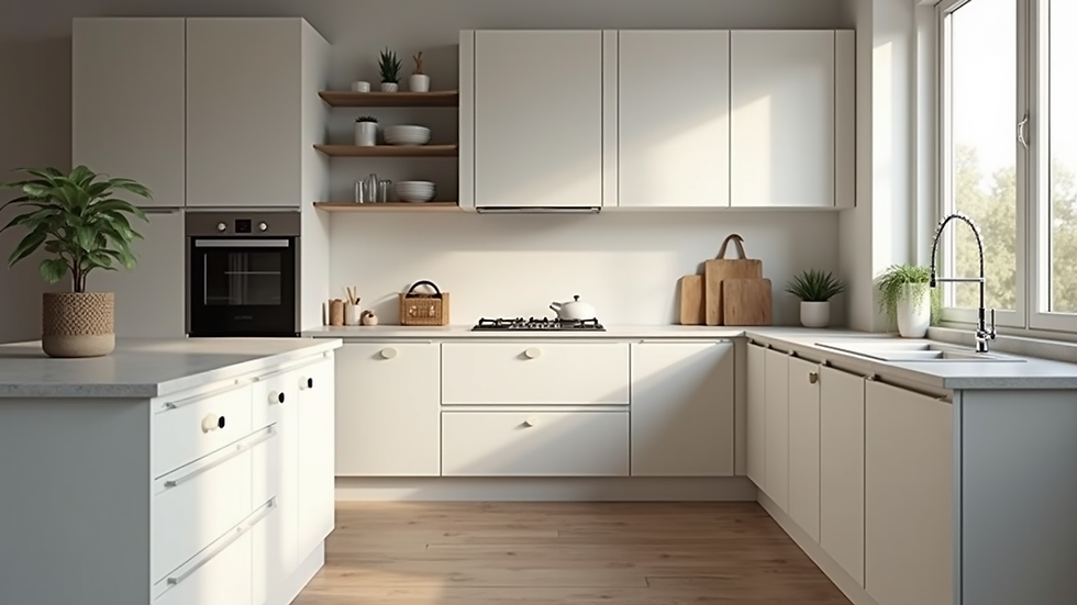 Eye-level view of a modern kitchen with refinished cabinets and new hardware