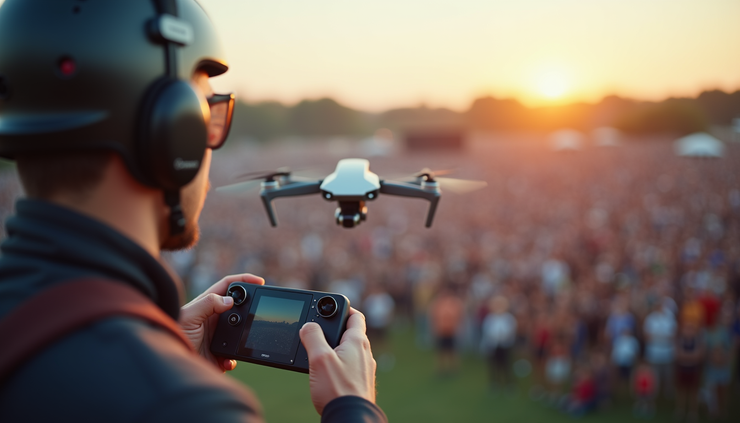 Eye-level view of a drone pilot operating controls with a large event in the background