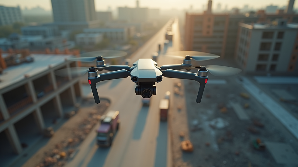 High angle view of a drone flying over a construction site