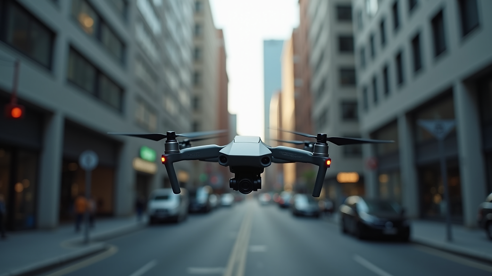 Eye-level view of drone operator controlling drone over urban area