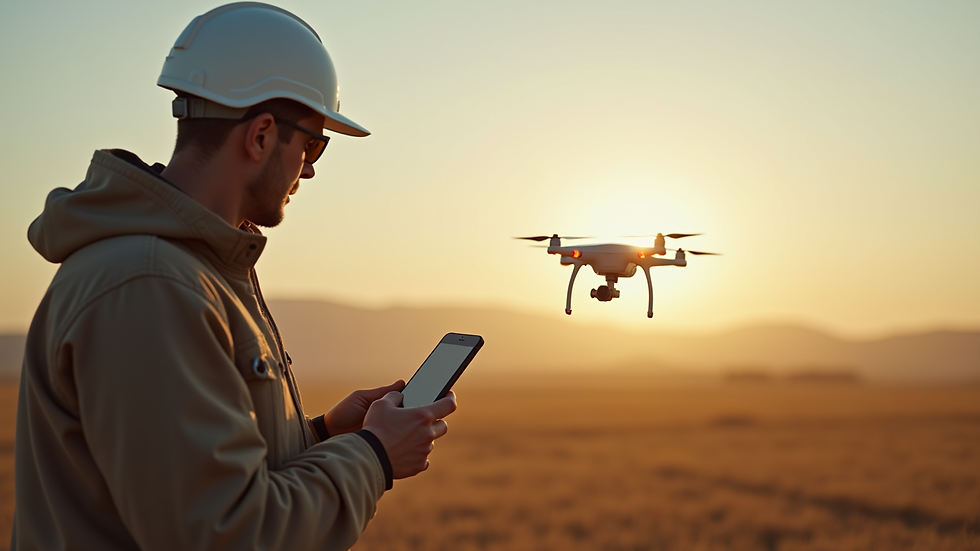 Eye-level view of a drone operator controlling a drone in an open field