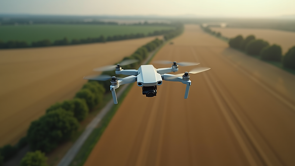 High angle view of drone flying over a rural landscape