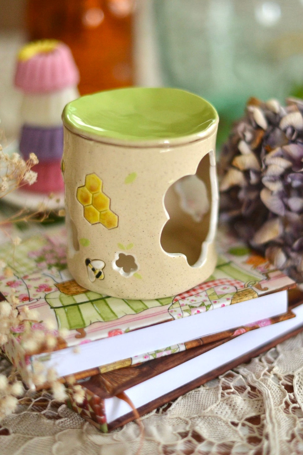 Miniature : Brûle-parfum abeilles/fleurs blanches