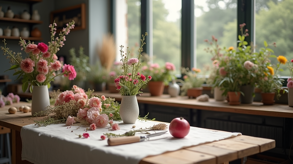 Vue en plongée d’un atelier floral avec des fleurs et outils sur une table