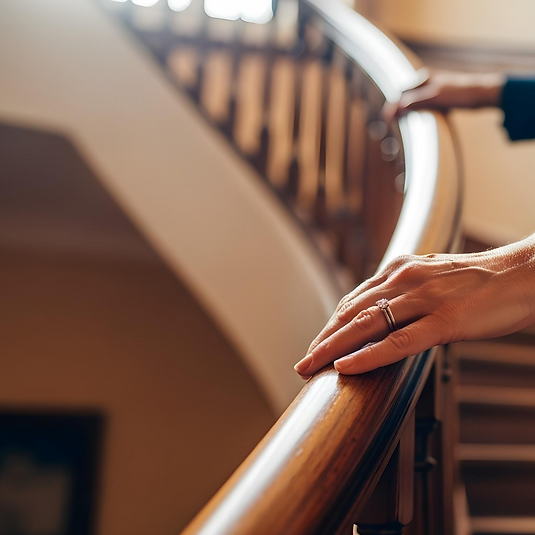 A mature hand gently resting on an old wooden handrail