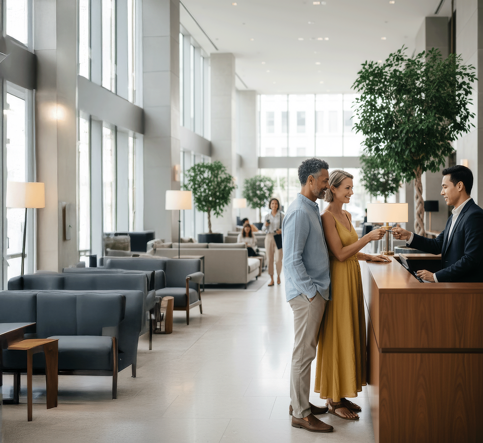 A couple of tourists receiving their hotel room key card from the clerk at the lobby counter
