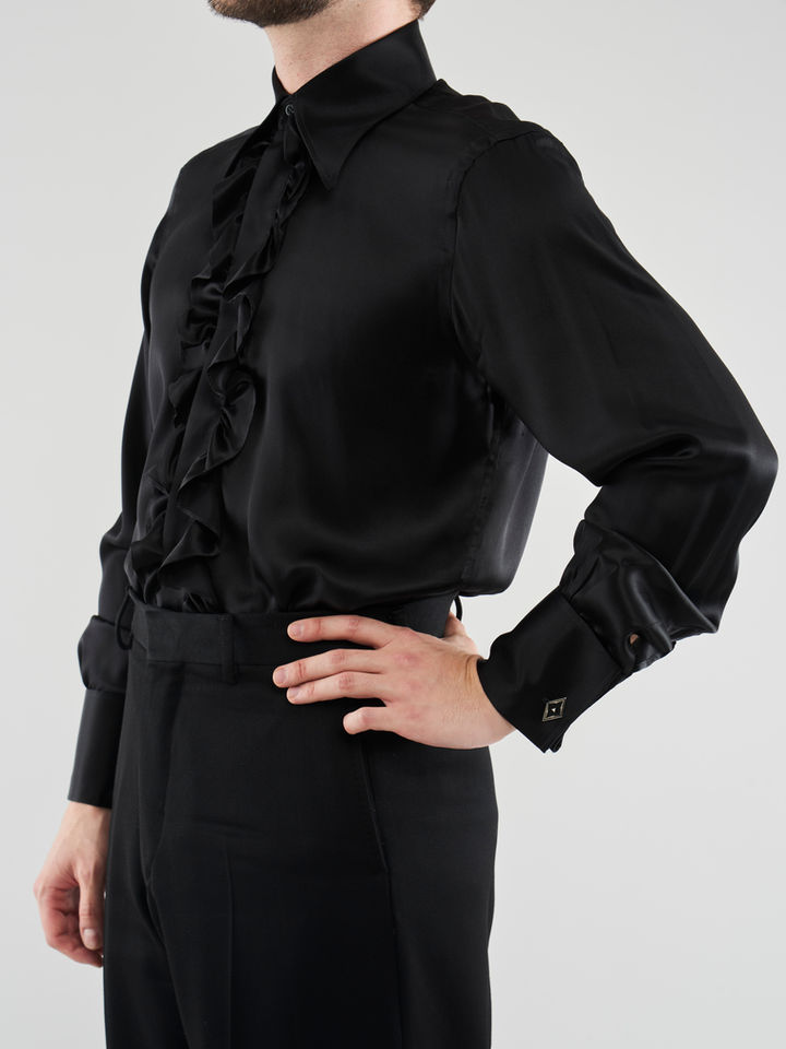 Chemise de Smoking en satin de Soie noir sur mesure paris fratelli mocchia di coggiola