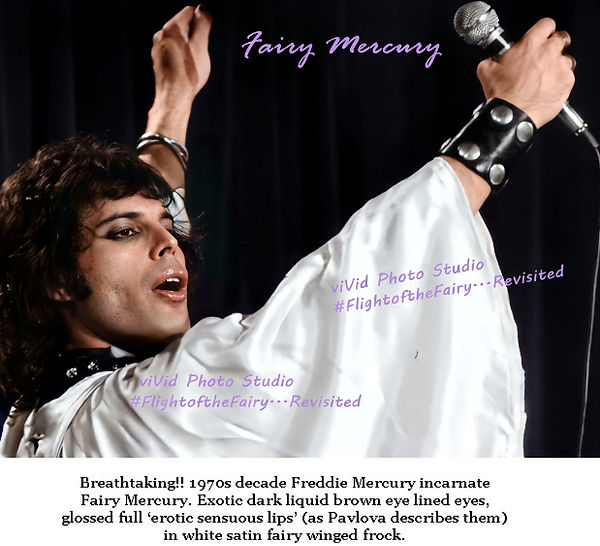 Fairy Mercury, Freddie Mercury lookalike tribute artist, concert shot in replicated fairy winged frock.