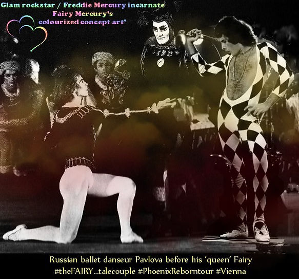Russian ballet danseur Pavlova before his 'queen' Fairy performing together on stage in Vienna. Haze Theatre troupe in background.