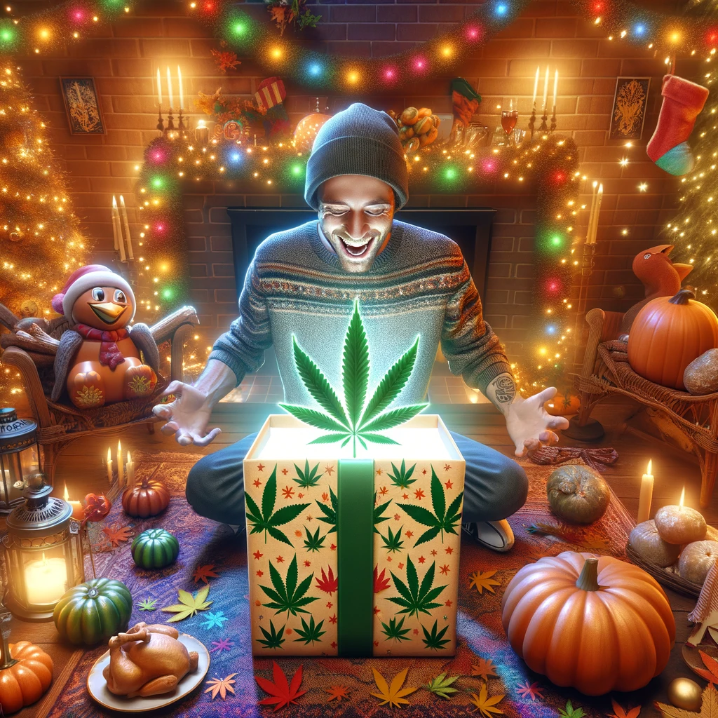 Happy Man Opening Cannabis hemp and CBD gift for holidays on Christmas